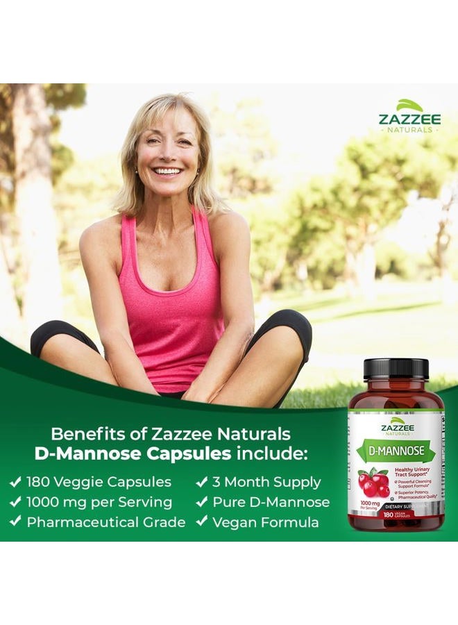 Zazzee D-Mannose, 1000 mg per Serving, 180 Vegan Capsules, 3 Month Supply, Potent & Fast-Acting, Certified Kosher, 100% Pure, All-Natural Urinary Tract Health UTI Support, 100% Vegetarian, Non-GMO - Image 2