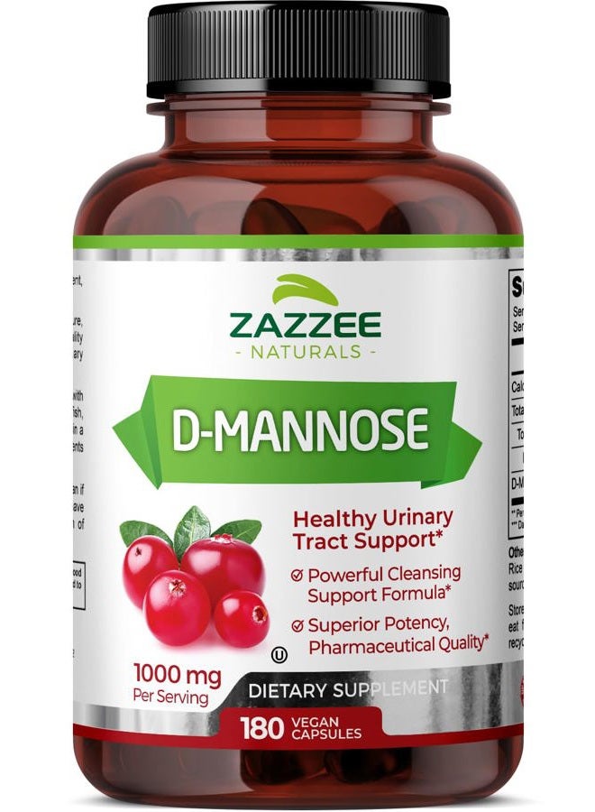 Zazzee D-Mannose, 1000 mg per Serving, 180 Vegan Capsules, 3 Month Supply, Potent & Fast-Acting, Certified Kosher, 100% Pure, All-Natural Urinary Tract Health UTI Support, 100% Vegetarian, Non-GMO - Image 1
