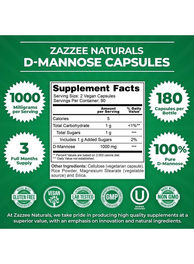 Zazzee D-Mannose, 1000 mg per Serving, 180 Vegan Capsules, 3 Month Supply, Potent & Fast-Acting, Certified Kosher, 100% Pure, All-Natural Urinary Tract Health UTI Support, 100% Vegetarian, Non-GMO - Image 3