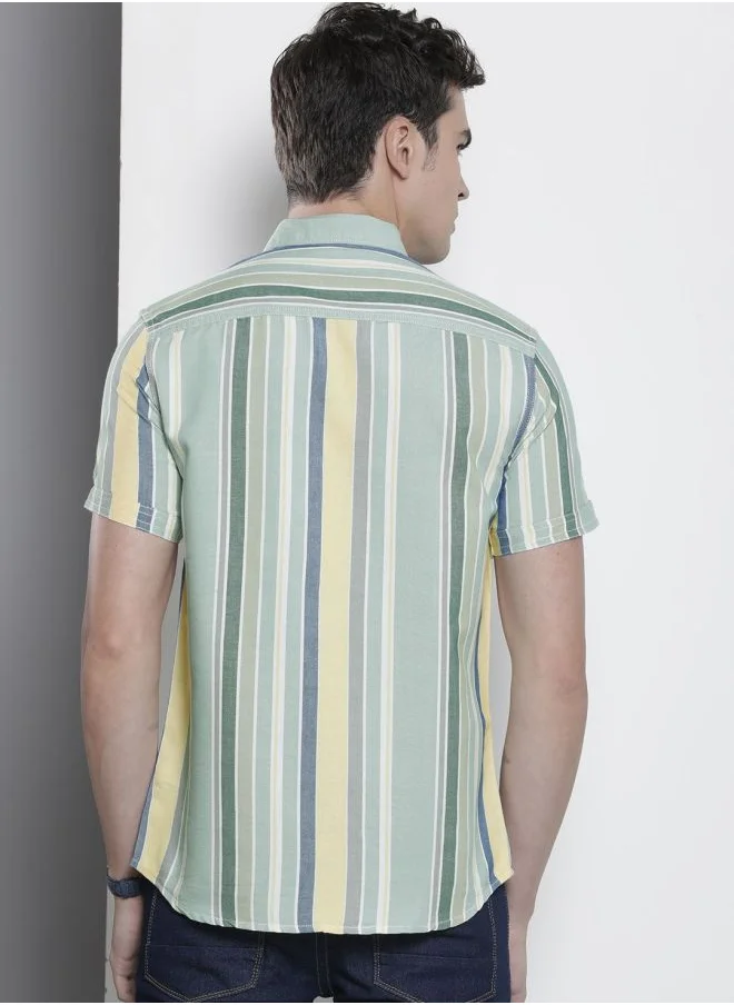 The Indian Garage Co Men Slim Fit Striped Half Sleeves Cutaway Collar Casual Shirt