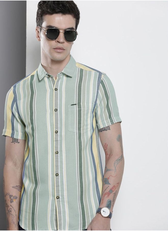 The Indian Garage Co - Men Slim Fit Striped Half Sleeves Cutaway Collar Casual Shirt - Image 1