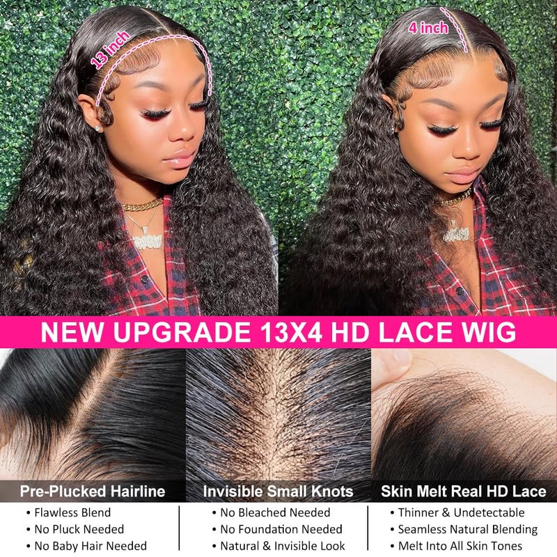 Pizazz 13x4 HD Transparent Lace Front Wigs Human Hair with Baby Hair Bleached Knots Black Color 180 Density Brazilian Deep Wave Human Hair Wigs for Black Women(20 Inch, Black color) - Image 5