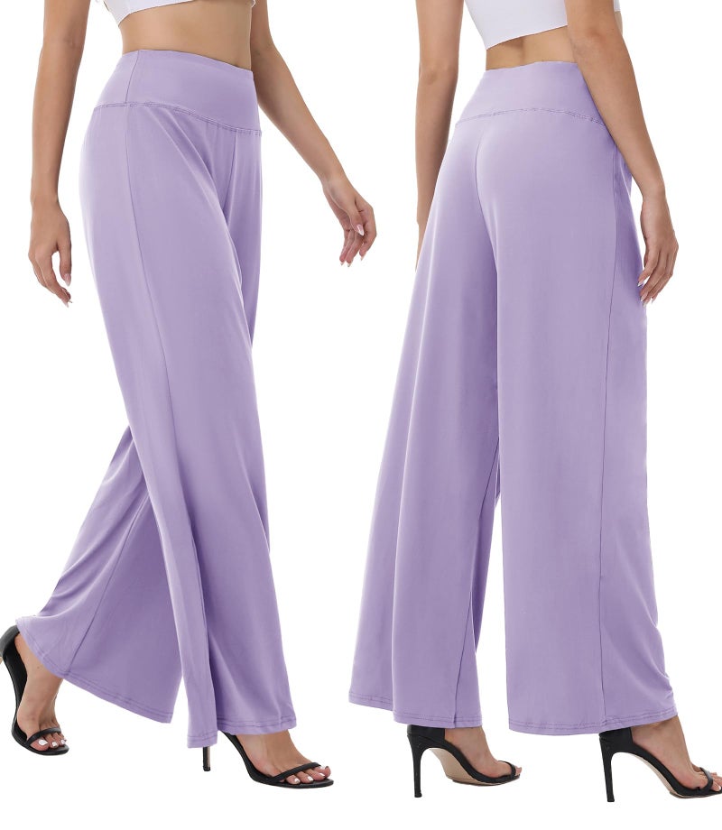 ZOOSIXX Wide Leg Palazzo Pants for Women - High Waist Casual Beach Lounge Loose Dress Stretchy Trousers Light Purple - Image 2
