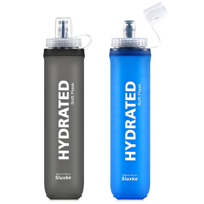 SLUXKE Soft Flask 2 Pack with Dust Cap, 17oz/500ml Flexible TPU Soft Water Flasks for Running Vest, BPA-Free Hydration Foldable Flask for Hiking, Cycling - Image 1