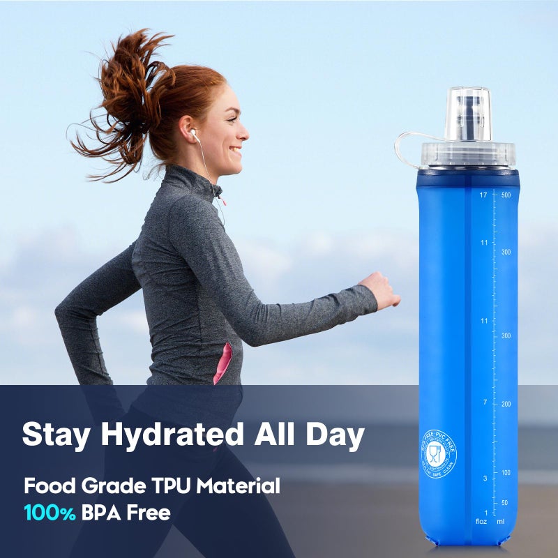 SLUXKE Soft Flask 2 Pack with Dust Cap, 17oz/500ml Flexible TPU Soft Water Flasks for Running Vest, BPA-Free Hydration Foldable Flask for Hiking, Cycling - Image 4