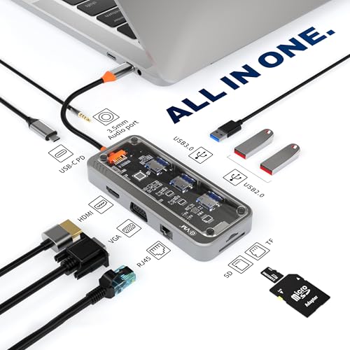 EVM USB C Docking Station 10-in-1 | 4K HDMI VGA | 100W PD Charging | USB 3.0 Ports | SD TF Card Reader Audio | Multiport Type-C Hub for Laptop MacBook | 1 Year Warranty (EVMCHB10) - Image 3