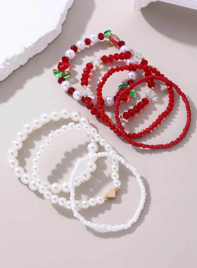 Take Two  Pack of 7 - Red and White Flower Charm Beaded Bracelets for Women | Best Price UAE