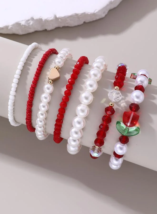 Pack of 7 - Red and White Flower Charm Beaded Bracelets