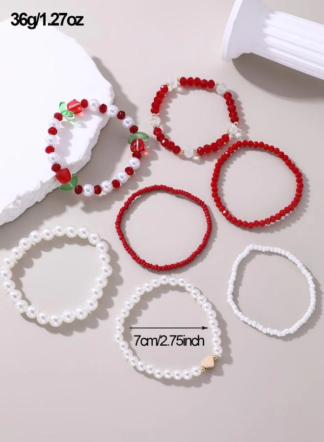 Take Two  Pack of 7 - Red and White Flower Charm Beaded Bracelets for Women | Best Price UAE
