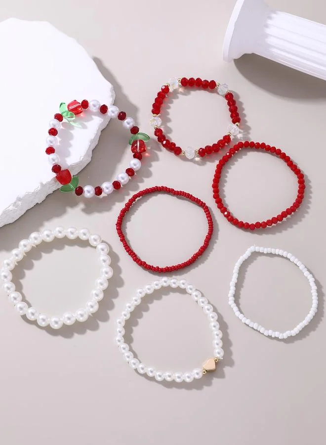 Take Two  Pack of 7 - Red and White Flower Charm Beaded Bracelets for Women | Best Price UAE
