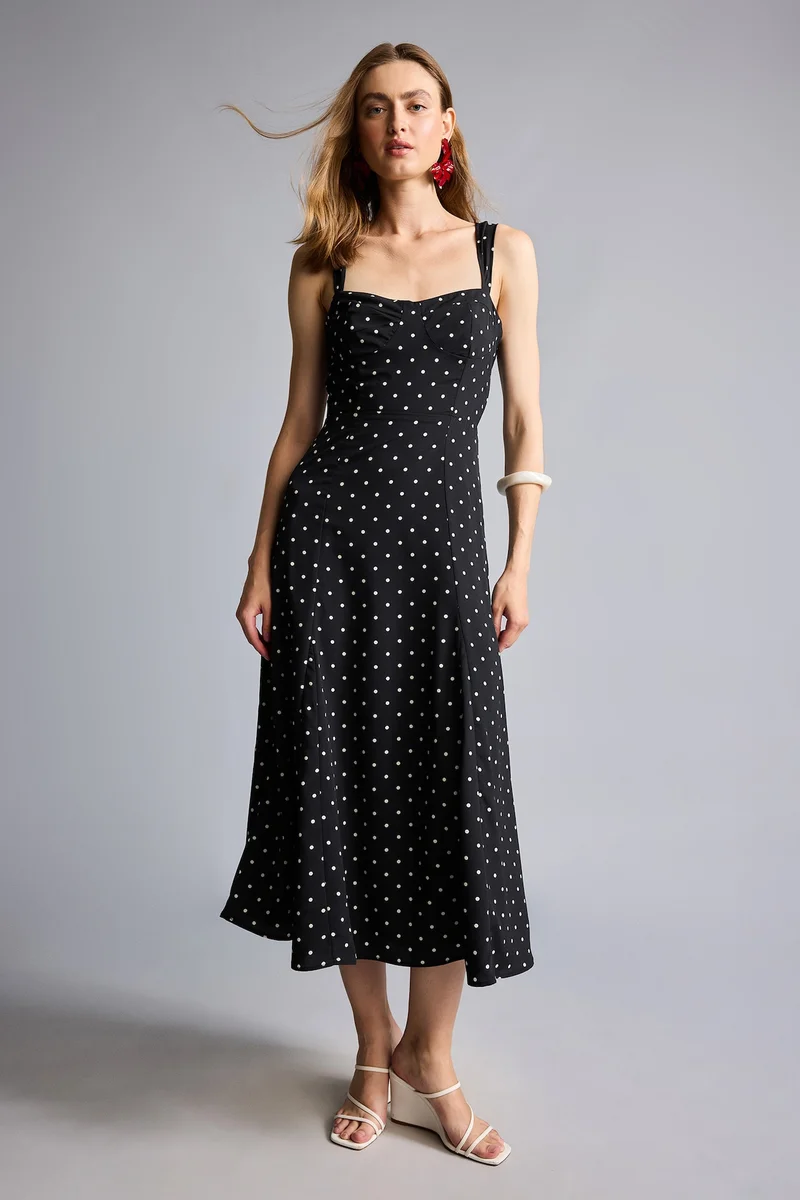 Defacto  Heart Collar Polka Dot Crepe Midi Dress for Women | Best Price UAE