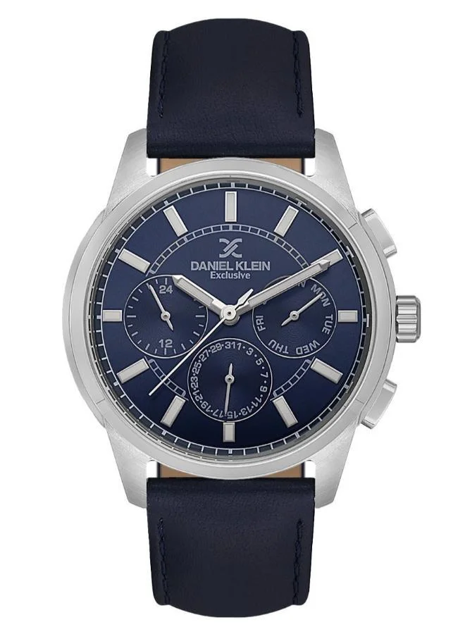 DANIEL KLEIN Men's Leather Silver Alloy Case Analog Dark Blue Round Sunray Dial Japanese Quartz Exclusive 50 Meters Water Resistant