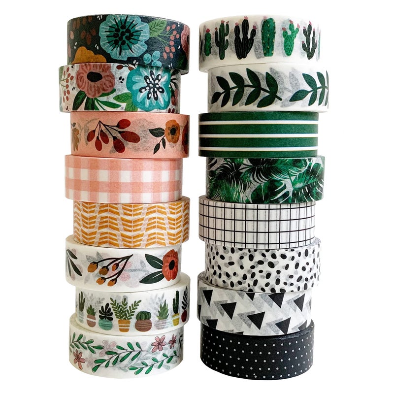Washi Tape Set of 16 Rolls of 15 mm Wide Cute Decorative Washi Tape for Journaling Scrapbook Washy Crafts Bullet Journals Planners DIY Dcor Craft Supplies For Adults Kids Meadow