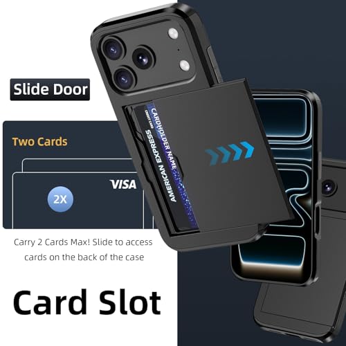 Jiunai for iPhone 17 Pro Case Wallet Card Holder for 2 Cards CC IDs License Hidden Slide Card Slot Pocket Hybrid Protective Phone Case for iPhone 17 Pro 6.3’’ 2025 Women Men - Black - Image 3