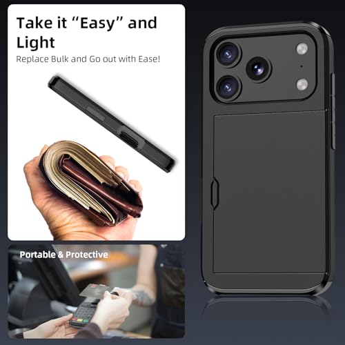 Jiunai for iPhone 17 Pro Case Wallet Card Holder for 2 Cards CC IDs License Hidden Slide Card Slot Pocket Hybrid Protective Phone Case for iPhone 17 Pro 6.3’’ 2025 Women Men - Black - Image 4