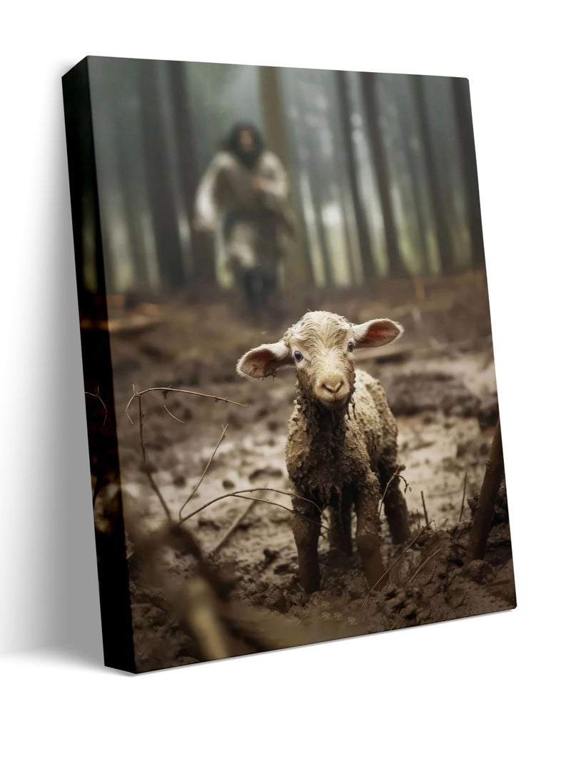 SOLARAE Lamb Canvas Wall Art, (12x16 inch) Jesus Chasing Lost Lamb Picture Canvas Print of Lamb Home Decor Lamb Canvas Print Decorative Lamb Canvas Art Lamb Landscape Wall Art Canvas for Home Sea Lake Bedroom - Image 1