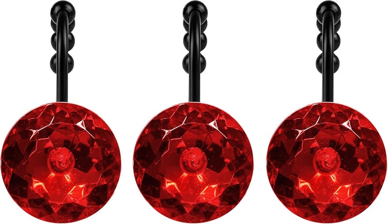 Sunlit Luxury Design Round Red Diamond Crystal Gem Bling with Glide Balls Shower Curtain Hooks, Rust Proof Metal Rhinestones Glam Shower Curtain Rings with Black Hooks, Set of 12 - Image 2