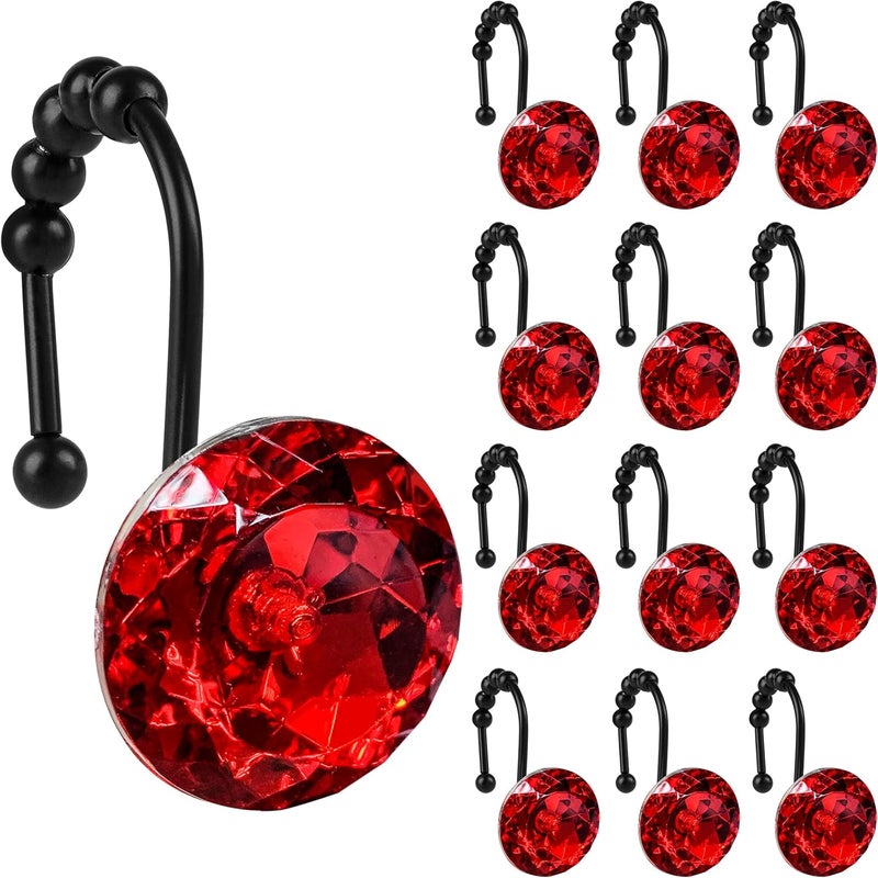 Sunlit Luxury Design Round Red Diamond Crystal Gem Bling with Glide Balls Shower Curtain Hooks, Rust Proof Metal Rhinestones Glam Shower Curtain Rings with Black Hooks, Set of 12 - Image 1
