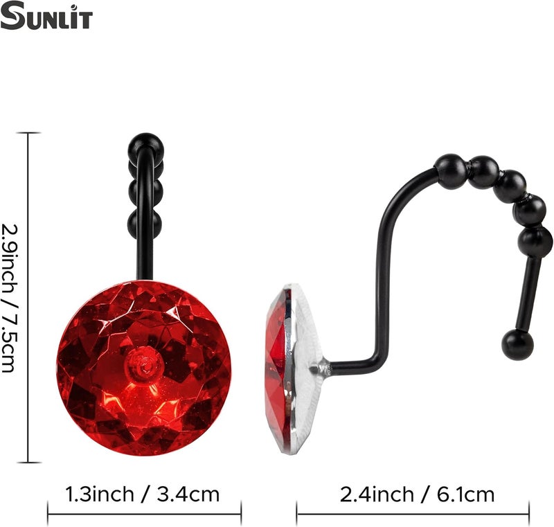Sunlit Luxury Design Round Red Diamond Crystal Gem Bling with Glide Balls Shower Curtain Hooks, Rust Proof Metal Rhinestones Glam Shower Curtain Rings with Black Hooks, Set of 12 - Image 4