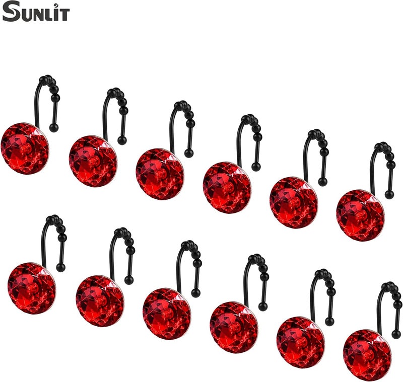 Sunlit Luxury Design Round Red Diamond Crystal Gem Bling with Glide Balls Shower Curtain Hooks, Rust Proof Metal Rhinestones Glam Shower Curtain Rings with Black Hooks, Set of 12 - Image 3