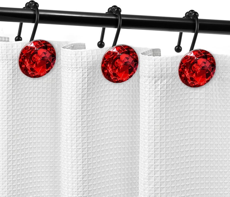 Sunlit Luxury Design Round Red Diamond Crystal Gem Bling with Glide Balls Shower Curtain Hooks, Rust Proof Metal Rhinestones Glam Shower Curtain Rings with Black Hooks, Set of 12 - Image 5