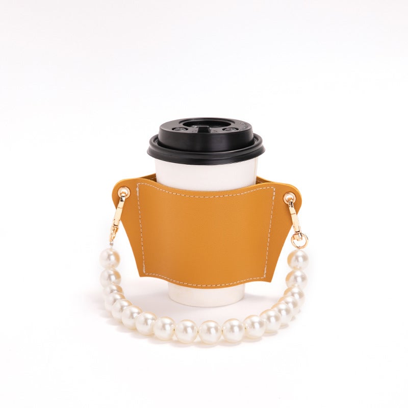 Detachable Pearl Chain Cup Cover Coffee Cup Cover Pu Leather Accompanied Cup Portable Anti-Scalding Heat Insulating Cup Cover - Image 5