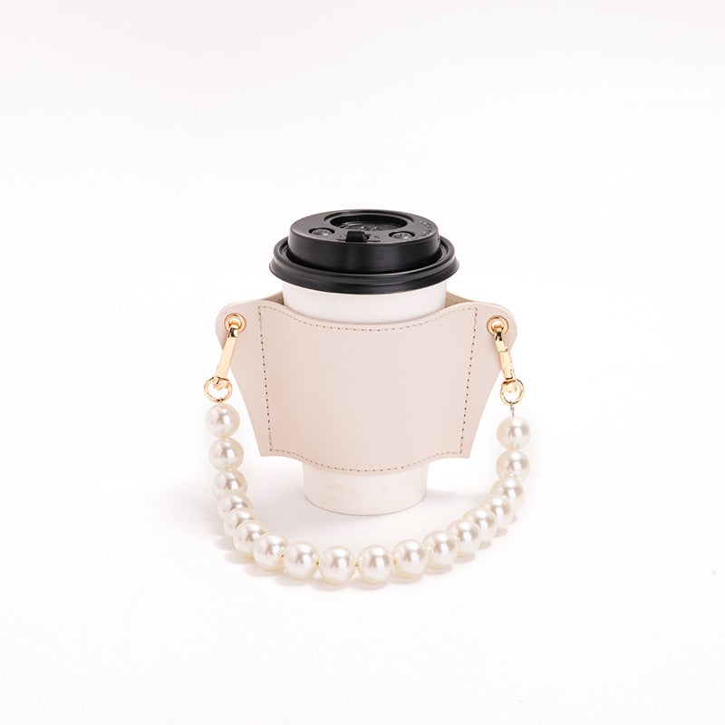 Detachable Pearl Chain Cup Cover Coffee Cup Cover Pu Leather Accompanied Cup Portable Anti-Scalding Heat Insulating Cup Cover - Image 4