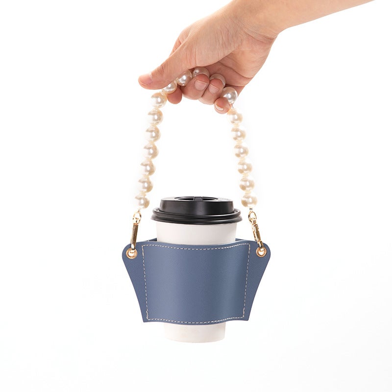 Detachable Pearl Chain Cup Cover Coffee Cup Cover Pu Leather Accompanied Cup Portable Anti-Scalding Heat Insulating Cup Cover - Image 2