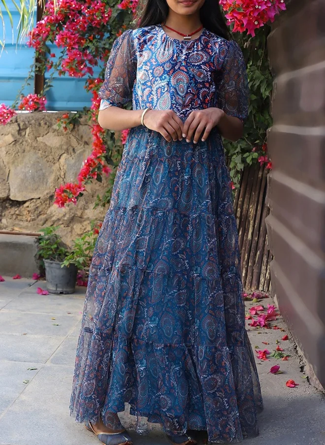 AKS Blue Floral Print Fit & Flare Dress for Girls