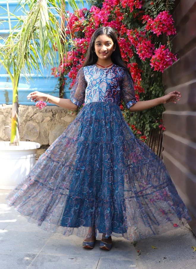 AKS Blue Floral Print Fit & Flare Dress for Girls