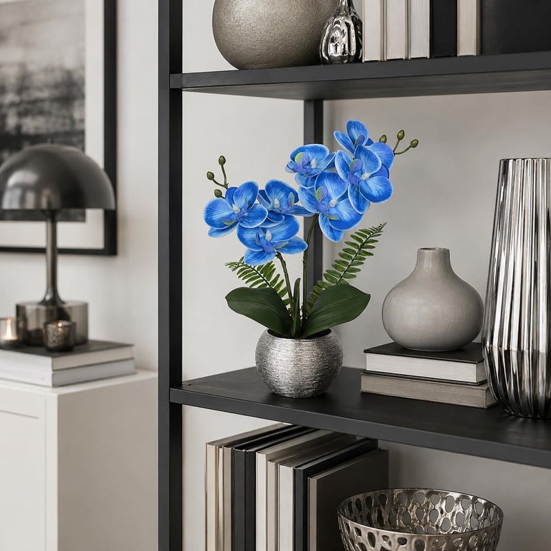 Briful 13" Small Artificial Orchid Flowers in Silver Ceramic Pot, Blue Faux Phalaenopsis Silk Orchid Arrangement Fake Orchid Plant for Bathroom Vanity Office Desk Shelf Coastal Home Decor - Image 5