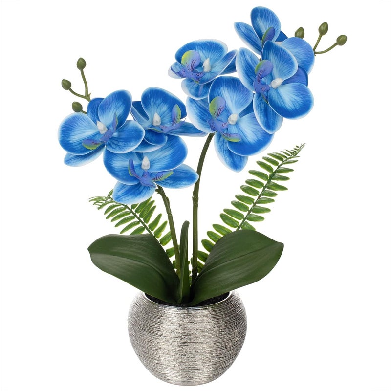 Briful 13" Small Artificial Orchid Flowers in Silver Ceramic Pot, Blue Faux Phalaenopsis Silk Orchid Arrangement Fake Orchid Plant for Bathroom Vanity Office Desk Shelf Coastal Home Decor - Image 1