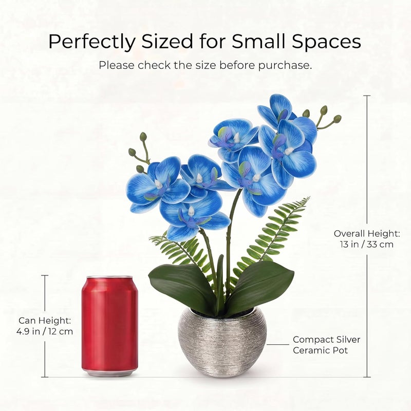 Briful 13" Small Artificial Orchid Flowers in Silver Ceramic Pot, Blue Faux Phalaenopsis Silk Orchid Arrangement Fake Orchid Plant for Bathroom Vanity Office Desk Shelf Coastal Home Decor - Image 2