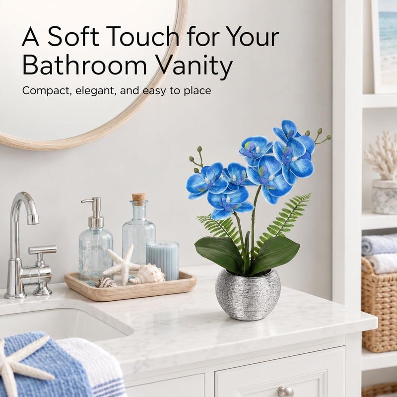 Briful 13" Small Artificial Orchid Flowers in Silver Ceramic Pot, Blue Faux Phalaenopsis Silk Orchid Arrangement Fake Orchid Plant for Bathroom Vanity Office Desk Shelf Coastal Home Decor - Image 4