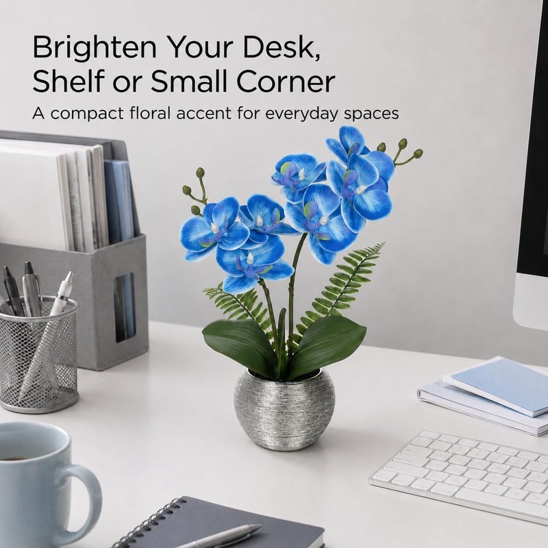 Briful 13" Small Artificial Orchid Flowers in Silver Ceramic Pot, Blue Faux Phalaenopsis Silk Orchid Arrangement Fake Orchid Plant for Bathroom Vanity Office Desk Shelf Coastal Home Decor - Image 3