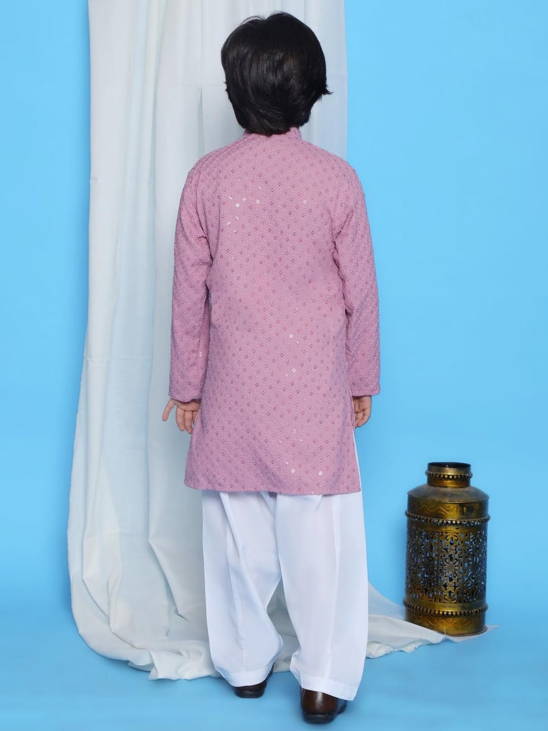 AJ DEZINES Boys Ethnic Kurta Pajama Set | Cotton Full Sleeve Chikankari Kurta with Sequins | Traditional & Festive Outfit | Mandarin Collar, Regular Fit | Special Occasion Outfit for Kids | LVR-16 - Image 3