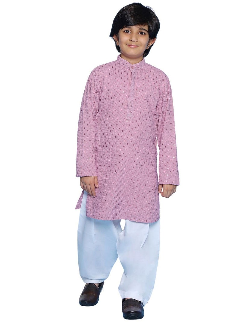 AJ DEZINES Boys Ethnic Kurta Pajama Set | Cotton Full Sleeve Chikankari Kurta with Sequins | Traditional & Festive Outfit | Mandarin Collar, Regular Fit | Special Occasion Outfit for Kids | LVR-16 - Image 1