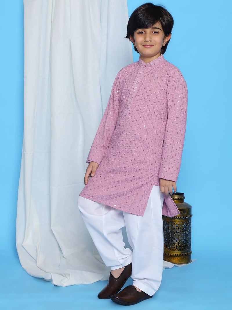 AJ DEZINES Boys Ethnic Kurta Pajama Set | Cotton Full Sleeve Chikankari Kurta with Sequins | Traditional & Festive Outfit | Mandarin Collar, Regular Fit | Special Occasion Outfit for Kids | LVR-16 - Image 5