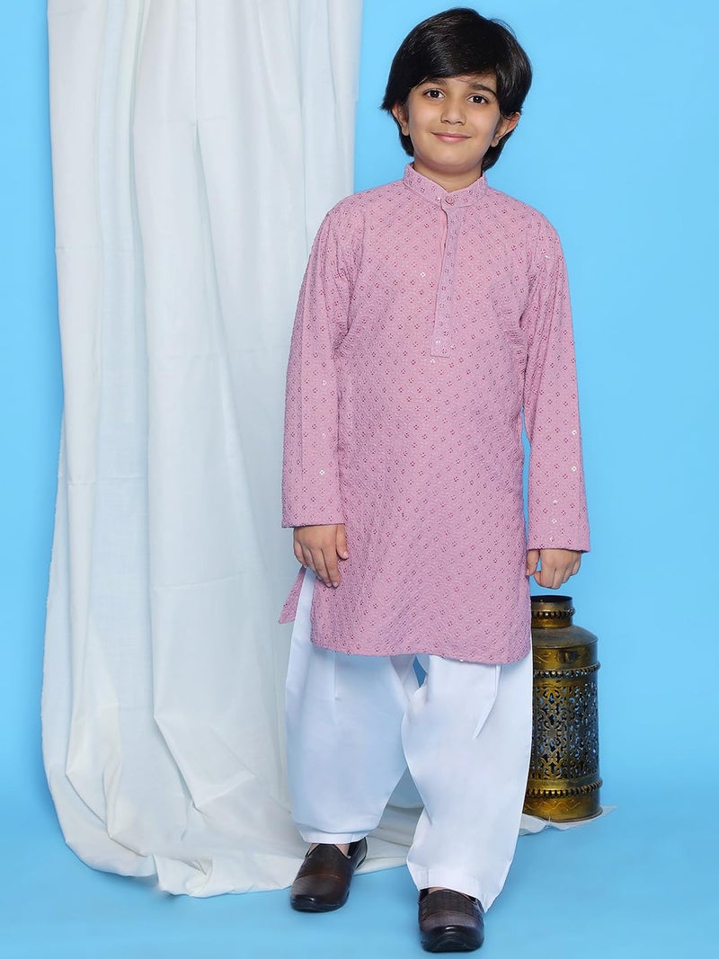 AJ DEZINES Boys Ethnic Kurta Pajama Set | Cotton Full Sleeve Chikankari Kurta with Sequins | Traditional & Festive Outfit | Mandarin Collar, Regular Fit | Special Occasion Outfit for Kids | LVR-16 - Image 2