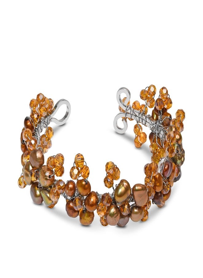 AeraVida Refined Cultured Freshwater Bronze Pearl Flower Embellishment Cuff Bracelet | Freshwater Cultured Pearl Bracelet | Handmade Cuff Bracelet Gift for Women - Image 1