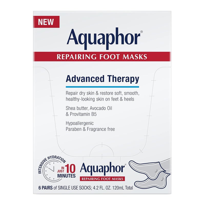 Aquaphor Aquaphor Repairing Foot Masks, Moisturizing Socks for Dry Feet, Hydrating Foot Care Treatment with Avocado Oil and Shea Butter, Pack of 6