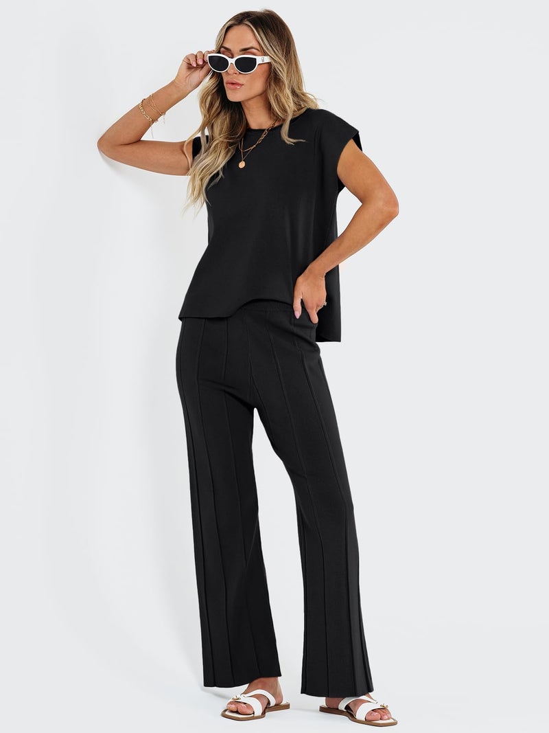 LILLUSORY 2 Piece Sets for Women Summer Vacation 2025 Lounge Outfits Matching Two Pcs Spring Knit Tracksuits Sweat Suits Black XS - Image 3
