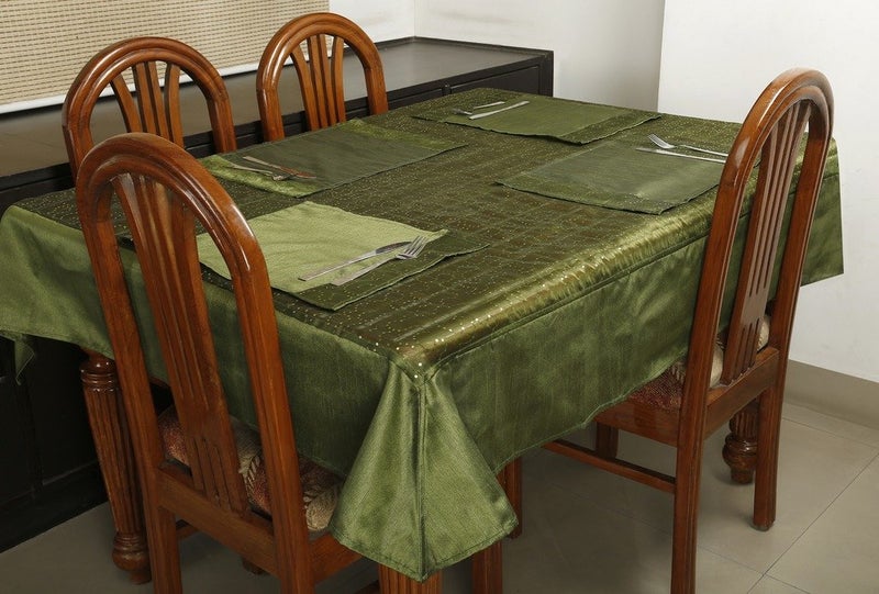 Dekor World Squence Tissue Green Square Table Cover with 4 Place Mat (Pack of 5) 150X150 Cm / 60X60 Inches for 4 Seater Dining TableSet (Pack of 5) - Image 4