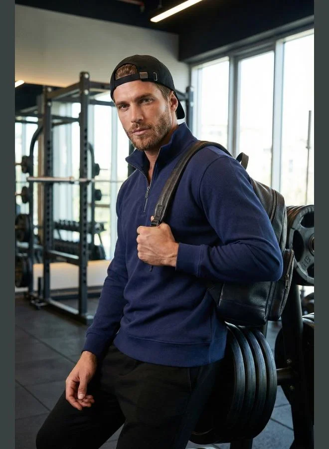 بوراتي سويت شيرت رجالي بياقة واقفة وسحاب نصي من قطن بوراتي