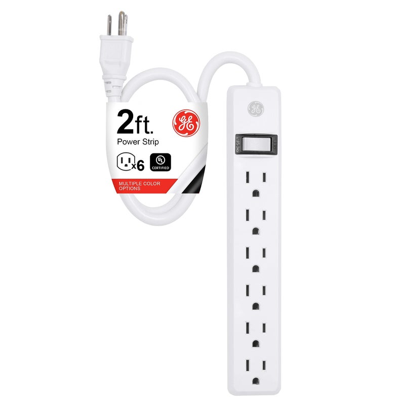 GE 6-Outlet Power Strip, 2 Ft Extension Cord, Heavy Duty Plug, Grounded, Integrated Circuit Breaker, 3-Prong, Wall Mount, UL Listed, White, 14830 - Image 1