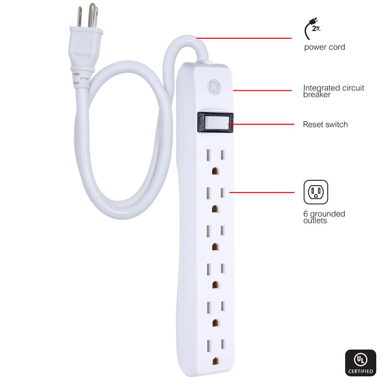 GE 6-Outlet Power Strip, 2 Ft Extension Cord, Heavy Duty Plug, Grounded, Integrated Circuit Breaker, 3-Prong, Wall Mount, UL Listed, White, 14830 - Image 2
