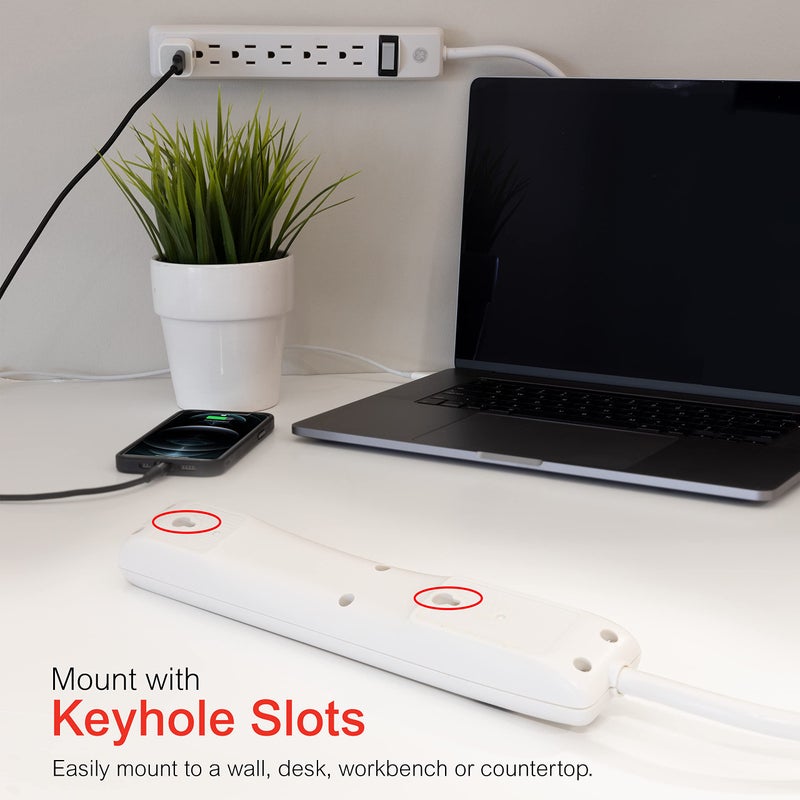 GE 6-Outlet Power Strip, 2 Ft Extension Cord, Heavy Duty Plug, Grounded, Integrated Circuit Breaker, 3-Prong, Wall Mount, UL Listed, White, 14830 - Image 4