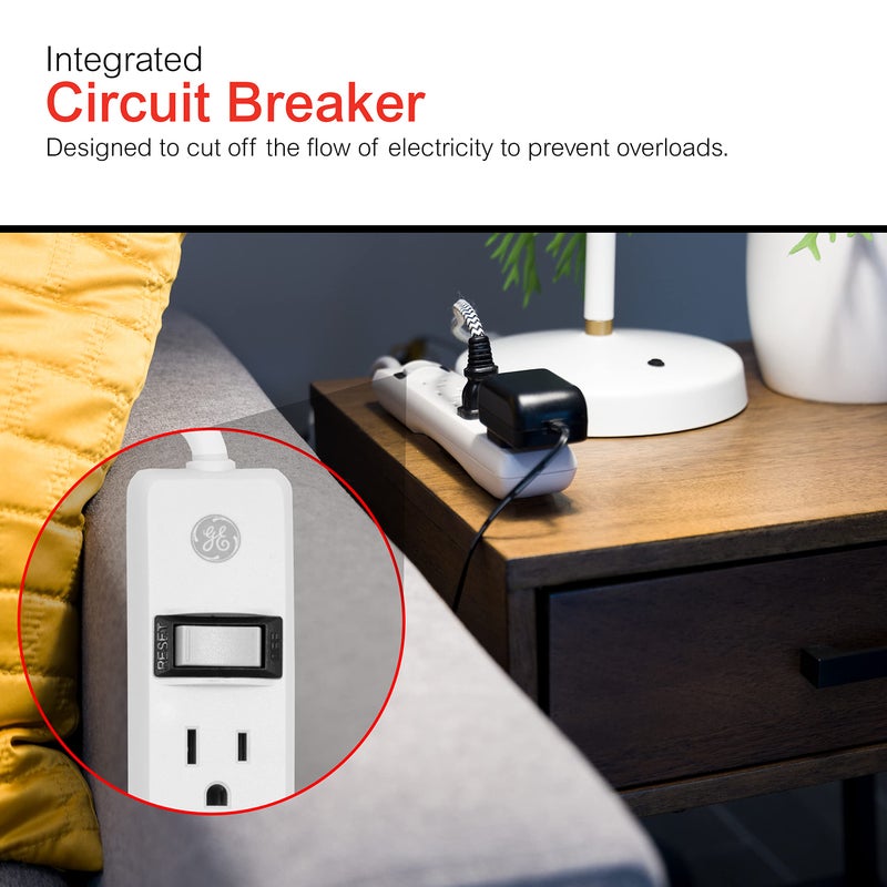 GE 6-Outlet Power Strip, 2 Ft Extension Cord, Heavy Duty Plug, Grounded, Integrated Circuit Breaker, 3-Prong, Wall Mount, UL Listed, White, 14830 - Image 5
