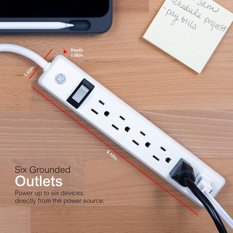 GE 6-Outlet Power Strip, 2 Ft Extension Cord, Heavy Duty Plug, Grounded, Integrated Circuit Breaker, 3-Prong, Wall Mount, UL Listed, White, 14830 - Image 3