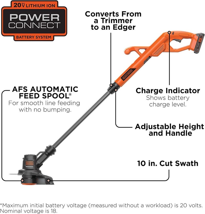 BLACK+DECKER 20V MAX String Trimmer Edger Cordless, 10-Inch Electric Weed Wacker with Automatic Feed Spool Kit (LST201) - Image 2